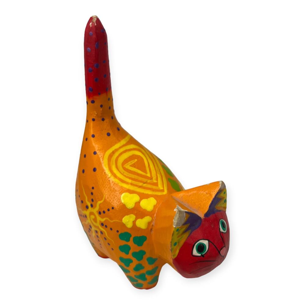 Vintage Handmade Carved Wooden Bali Cat Figurine Hand Painted Rustic Folk Art 6"